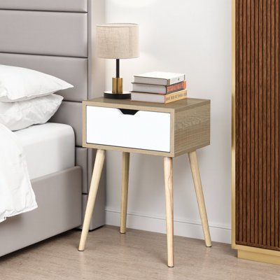 Mid-Century Modern 2-Drawer Side Table – 15.75” Square Bedside Nightstand with Rubber Wood Legs for Bedroom, Living Room – Black Storage End Table, Co