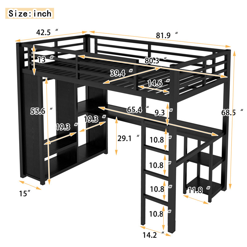 Structure de lit mezzanine simple en métal avec garde-robe intégrée, bureau et tablettes de rangement Roomfitter