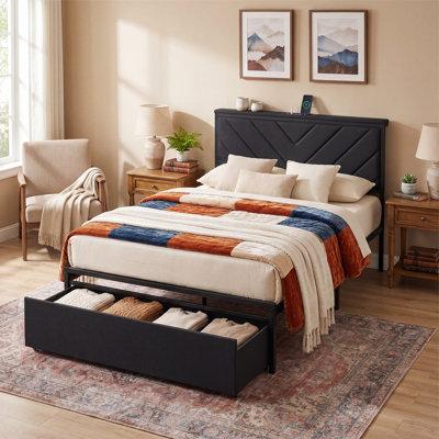 Bed Frame with 2 Drawers, Upholstered Headboard with Storage and Charging Station, Fabric Drawers with Wheels, Under Bed Storage, No Box Spring Needed
