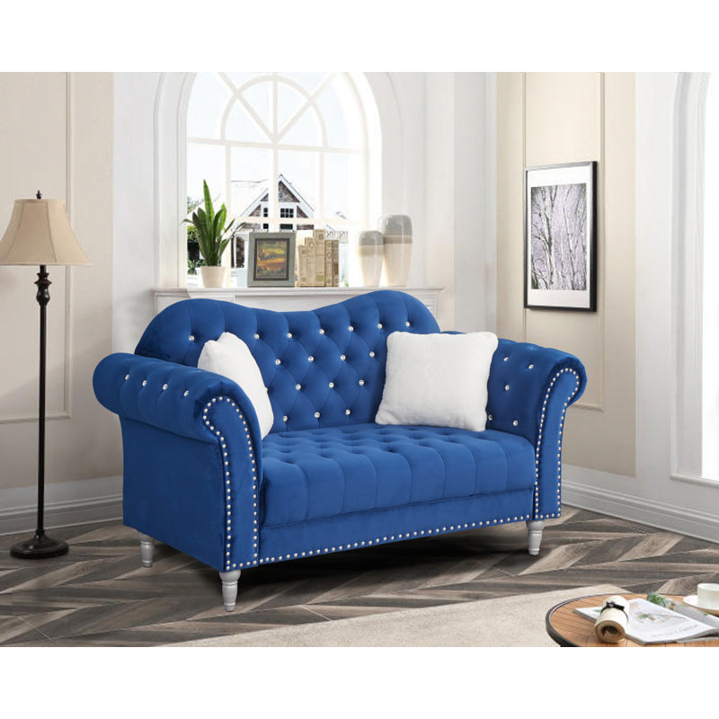 Josielyn Velvet Rolled Arm Chesterfield Sofa, Navy Blue