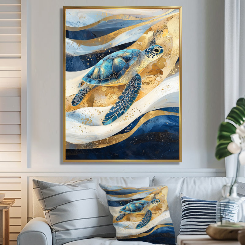 Vagues abstraites de Cindey - Tortue, art mural, H 32 po x l 24 po, Impression encadrée sans passe-partout, Doré