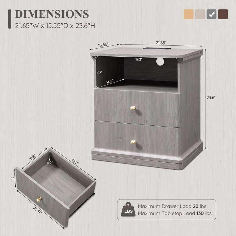 Ensemble de 2 tables de bout avec 2 tiroirs de rangement Abarca, 2 tables de bout modernes avec station de charge, chambre à coucher, salon, cascade courbée, gris