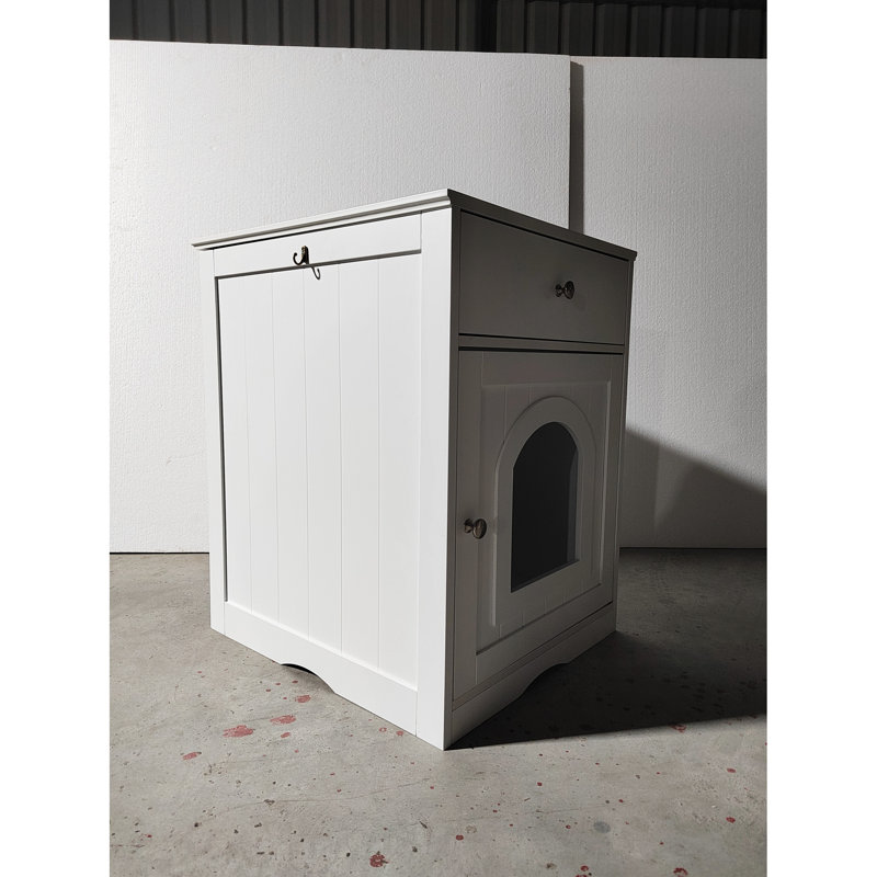 Enceinte de litière pour chat en bois avec tiroir et table de chevet, Blanc