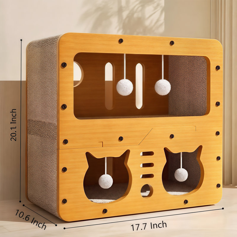 Grattoir pour chat en bois et en carton ondulé avec boules de jouets interactives, lit de chat à plusieurs niveaux pour chats d'intérieur, style brun 05