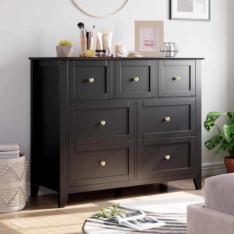 7 Drawers Dresser for Bedroom, Farmhouse Wood Dressers & Chest of Drawers for Clothes, Living Room, Closet, Black