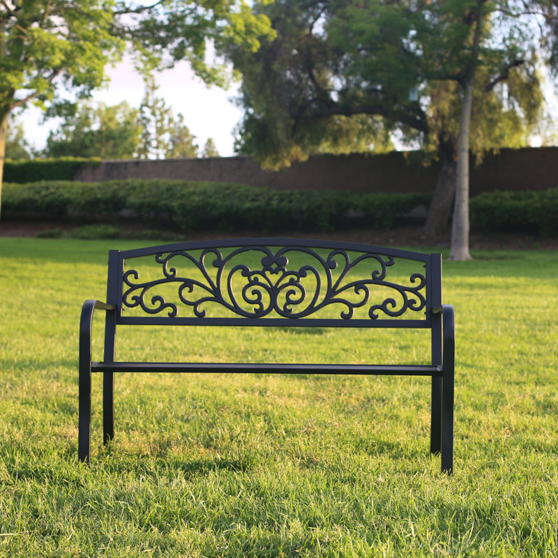 Black Metal Outdoor Garden Bench with Ornate Backrest