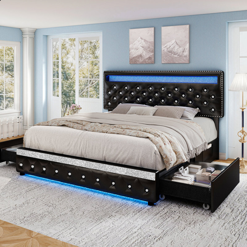 LED Bed Frame with 2 Storage Drawers and Adjustable Headboard, Diamond Button Tufted Bedframe, Full, White