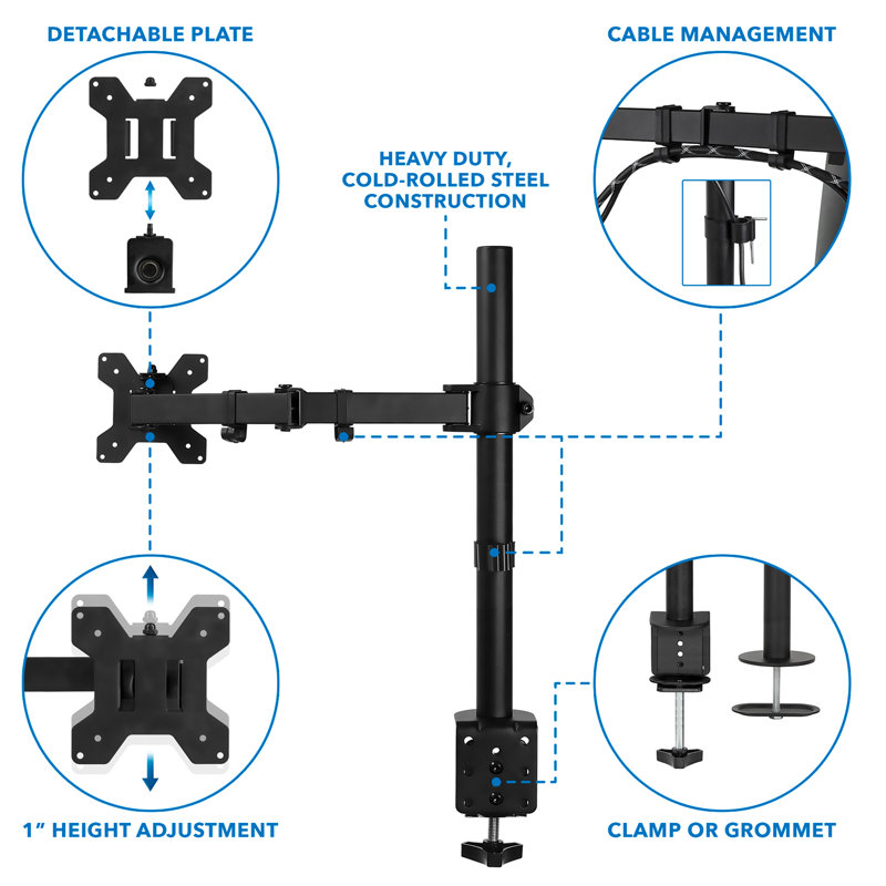 Mount-It! Full Motion Height Adjustable Single Monitor Arm Mount | Fits 13 - 32 in. TVs with C-Clamp