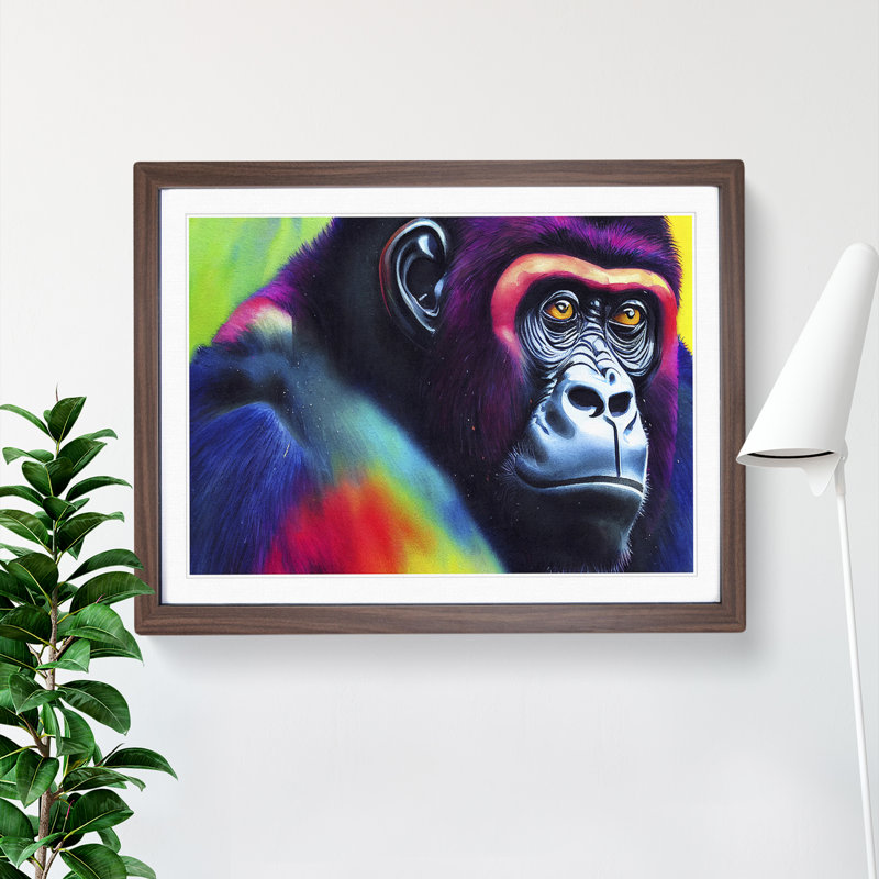 Colourful Gorilla - Single Picture Frame Print, Walnut Framed, 25cm H x 34cm W x 2cm D