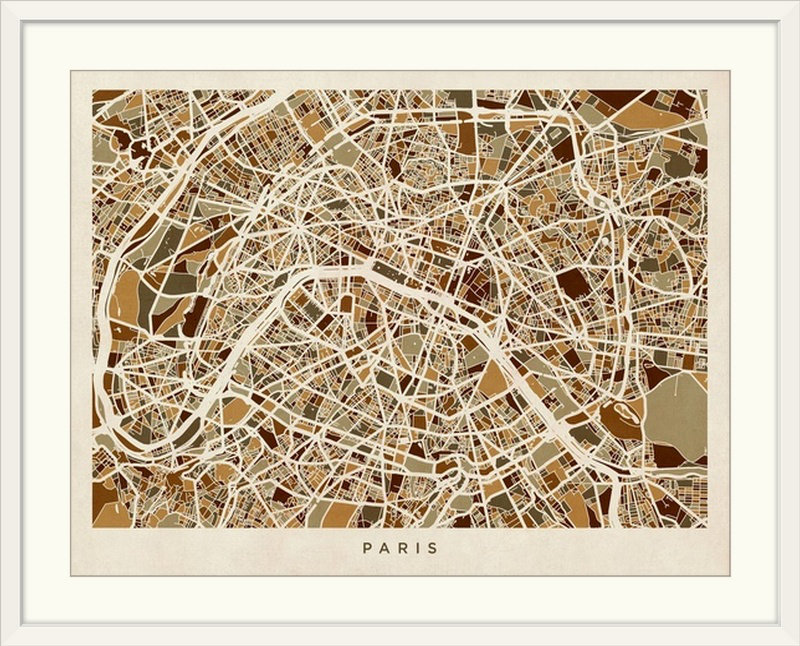 «Paris France Street Map» par Bellen, impression, H 20 po x l 24 po x P 1 po, Cadre blanc