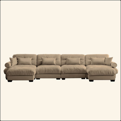 U Shaped Sectional Sofa Cloud Couch With Movable Ottomans,Convertible Deep 4 Seater Modern Velvet Comfy Upholstered Corner Couch With Blostered Armrests, Waist Pillow And Throw Pillows