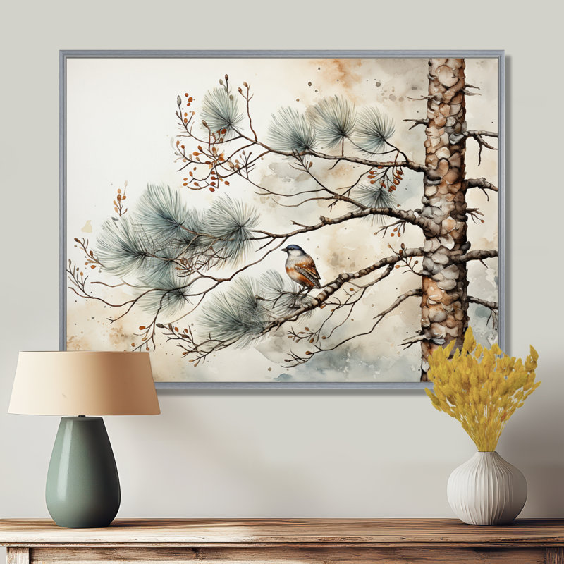 Décoration murale oiseau sur pin II, H 12 po x l 20 po x P 1 po, Encadrement argenté