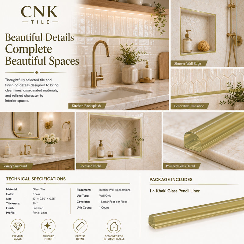 CNK Tile Khaki Glass Pencil Liner - 12" X 0.66" Premium Glass Trim For Kitchen Backsplash Bathroom Shower And Wall Decor – Sleek Polished Finish Easy Glue-Down Installation Low Maintenance – Pack Of 1