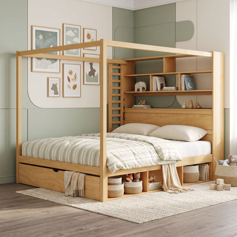 Lit plateforme en bois avec étagères, station de chargement USB, éclairage DEL et tiroir au pied du lit, Grand lit, Naturel