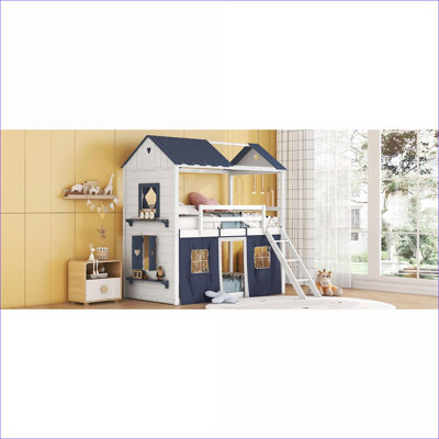 Lit simple superposé en bois de pin, aucun sommier requis, maisonnette avec fenêtres, bleu et amp; Blanc pour chambre à coucher