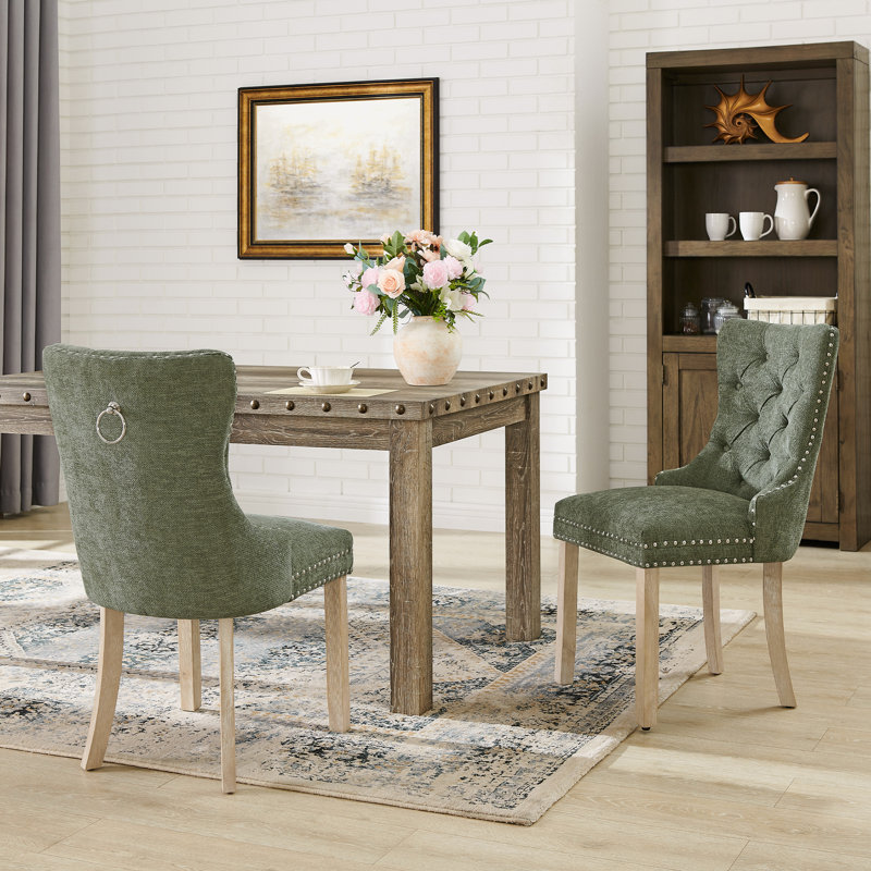 Chaise de salle à manger capitonnée, chaises rembourrées avec tête de clou et anneau de traction, Chenille verte
