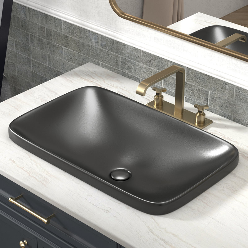 Los Flexi 24" x 15" Matte Black Ceramic Semi-Recessed Rectangular Vessel Bathroom Sink with Pop-Up Drain