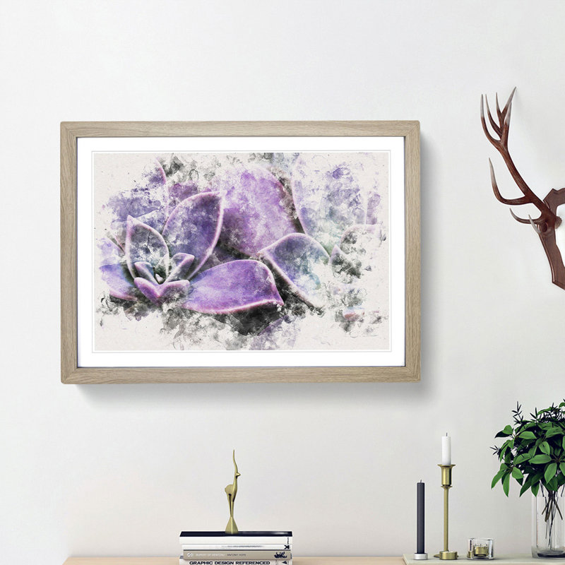 Lilac & Green Succulent Plant - Framed Print, 40cm H x 60cm W x 2cm D, Oak Framed