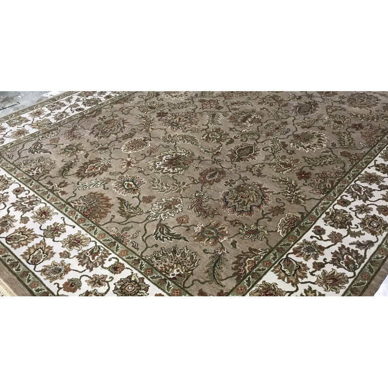 Tapis taupe et ivoire de haute qualité noué à la main