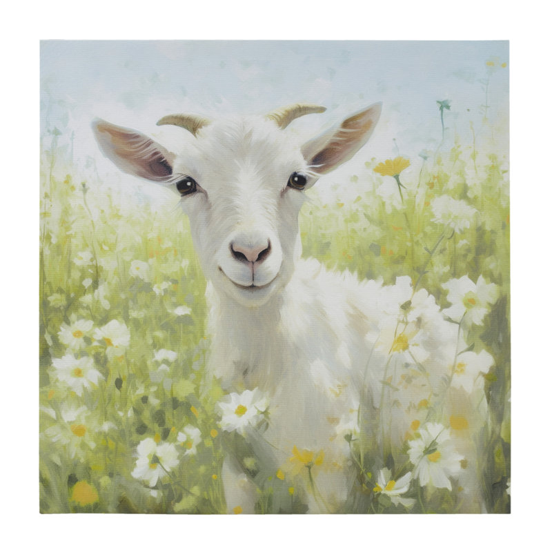 16" Square Multicolor Canvas Wall Art with Goat in Flower Field
