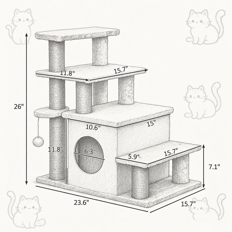 Tour d'activités à plusieurs niveaux pour chats d'intérieur, avec poteaux à griffer et niche confortable., Beige