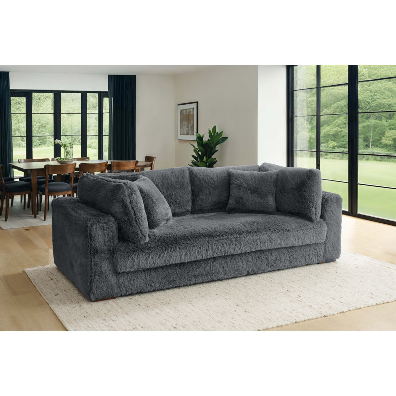 Canapé à accoudoirs carrés de 89,5 po Alcantara, Fausse fourrure grise foncée