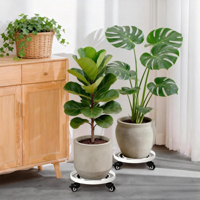 Ensemble de 2 porte-plante sur roulettes 14 po en métal avec roues Capacité de 440 lb avec chariot à roulettes verrouillable à 360 °, blanc