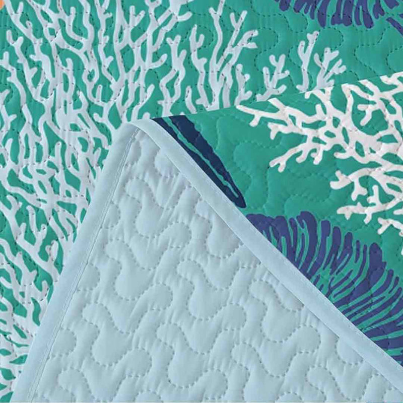 King Size Green Coastal Reversible Microfiber Quilt Set