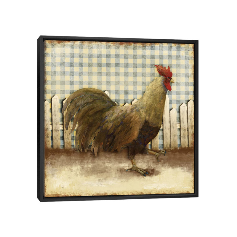 «Rooster on Damask I» par Dan Meneely - reproduction d'art, Aucun mat, H 18 po x l 18 po x 1,5 po, Toile avec cadre noir