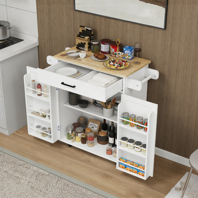 Rolling Kitchen Island Cart with Adjustable Shelves, Drawer, Doors, Towel Rack, and Seasoning Rack., White