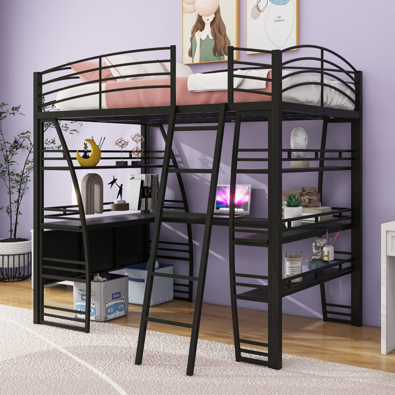 Ardelia Loft Bed with Desk, Bookcase and Charging Station, Black, Full