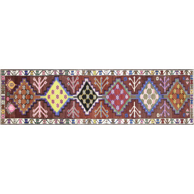 Tapis de couloir rouge en laine noué à la main de conception unique 3 pi 1 po x 10 pi 11 po années 1960