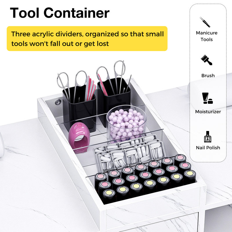 Flemings Double Position Nail Desk Professional Manicure Station with Dust Collector and Wrist Cushion, Drawer and Storage Shelf