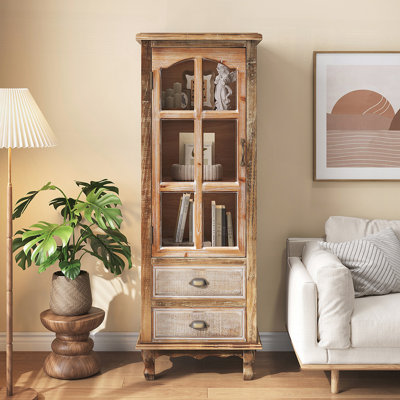 Rustic Wooden Storage Cabinet with Decorative Cutout Door and 2 Drawers, Tall Narrow Organizer for Living Room, Bedroom