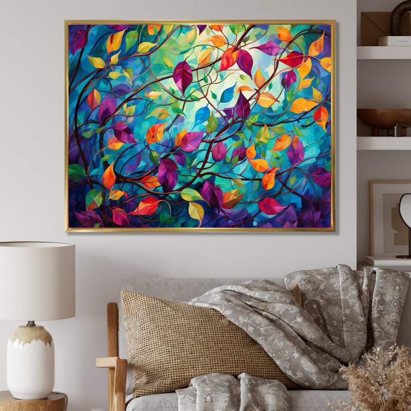 Multicolor Vibrant Vines I - Abstract Botanicals, art mural, H 24 po x l 32 po x P 1 po, Cadre flottant doré