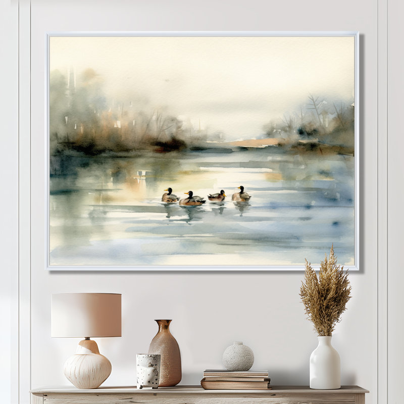«Ducks in Pond II», art mural sur toile, H 12 po x l 20 po x P 1 po, Cadre flottant blanc