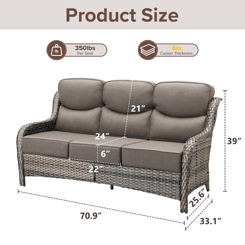 Abbey 72'' 3-Seat Outdoor Durable Sofa With 6-Inch Ultra-Plush Cushions & Water-Resistant Olefin Fabric
