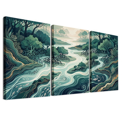Ensemble de 3 toiles murales représentant une rivière turquoise tourbillonnante à travers une mangrove