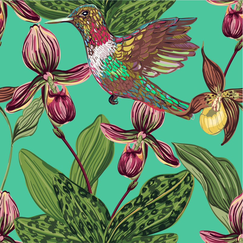 Panneau de papier peint colibri sur fond de fleurs L 10,4 pi x l 25 po, L 25 po x L 124,8 po