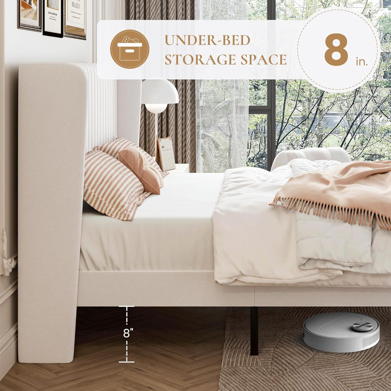 Ophir Queen Size Velvet Bed Frame with Vertical Channel Tufted Wingback Headboard, Upholstered Platform Bed with Wood Slats, No Box Spring Needed, Easy Assembly, White