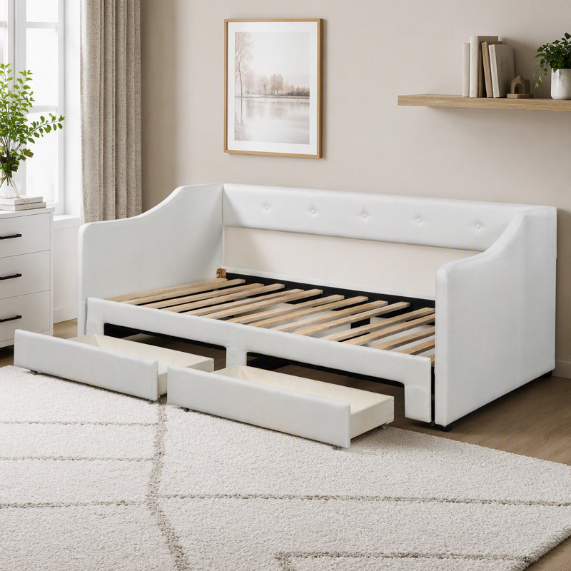 Lit de jour simple tapissier très grand avec deux tiroirs, beige