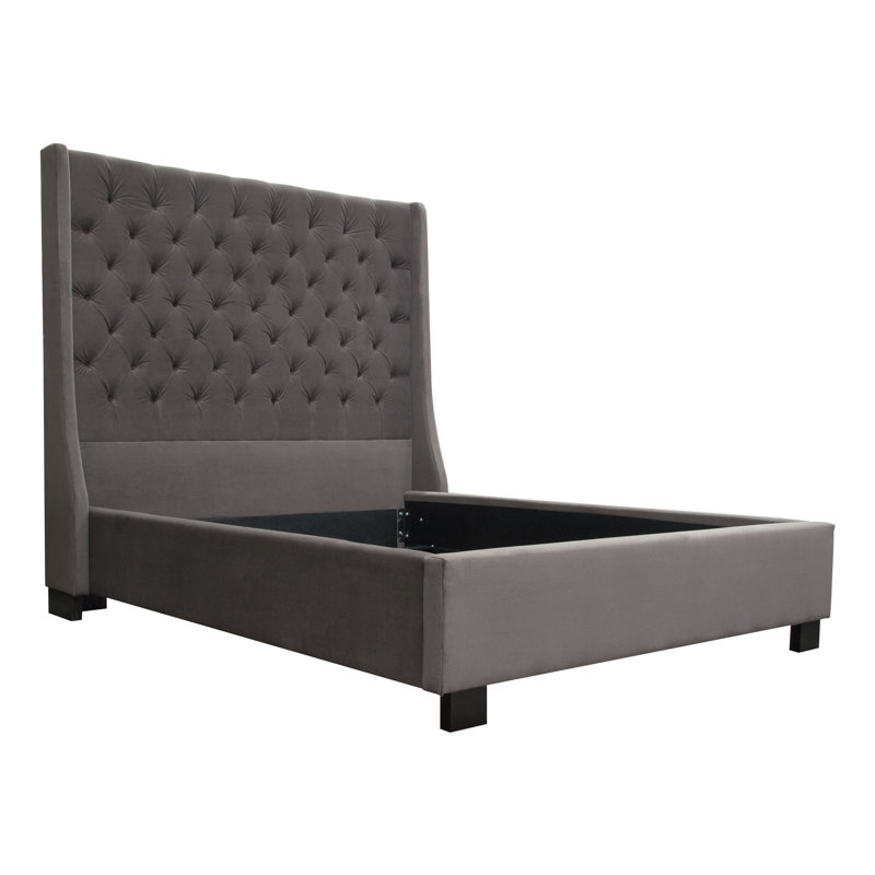 Park Avenue Queen Tufted Bed With Vintage Wing In Smoke Grey Velvet, Queen