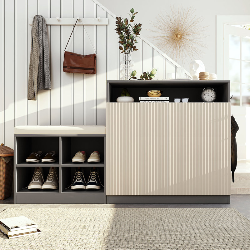 Shoe Storage Cabinet With Bench, 2 Doors And 3-Tier Adjustable Shelves, Entryway Bench, Beige