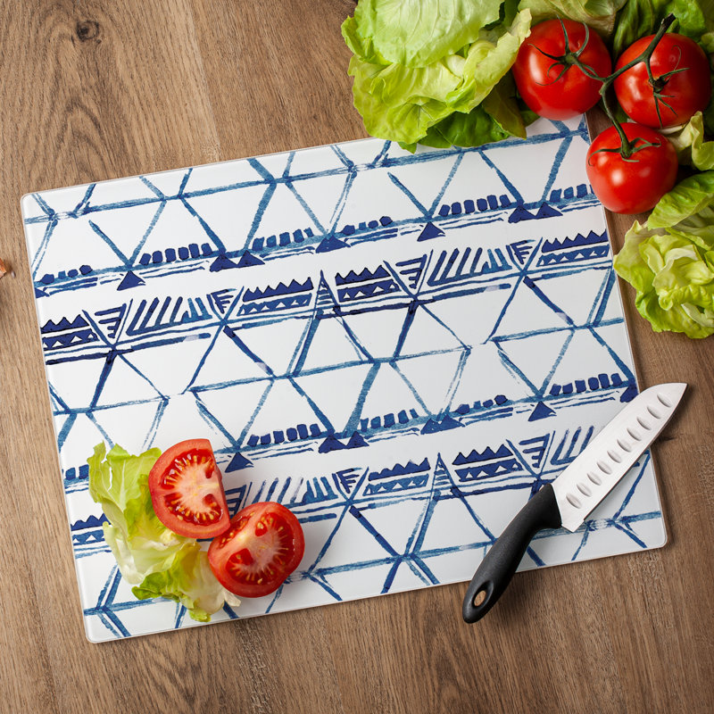 Indigo Triangles Tempered Glass Cutting Board 15" x 12"