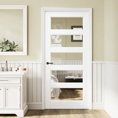 32" x 80" Clear Glass French Door Slab, 5-Panel Clear Glass Interior Door, White Finished & Paintable, Door Panel w/o Borehole or Hinges, as Barn Door or Prehung Door or Pocket Door or French Door Slab for Pantry Door, Laundry Door, Bedroom Door