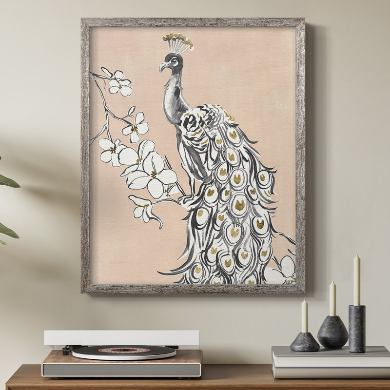 «Peacock in Gold II», reproduction encadrée - bois massif, H 11 po x l 9 po