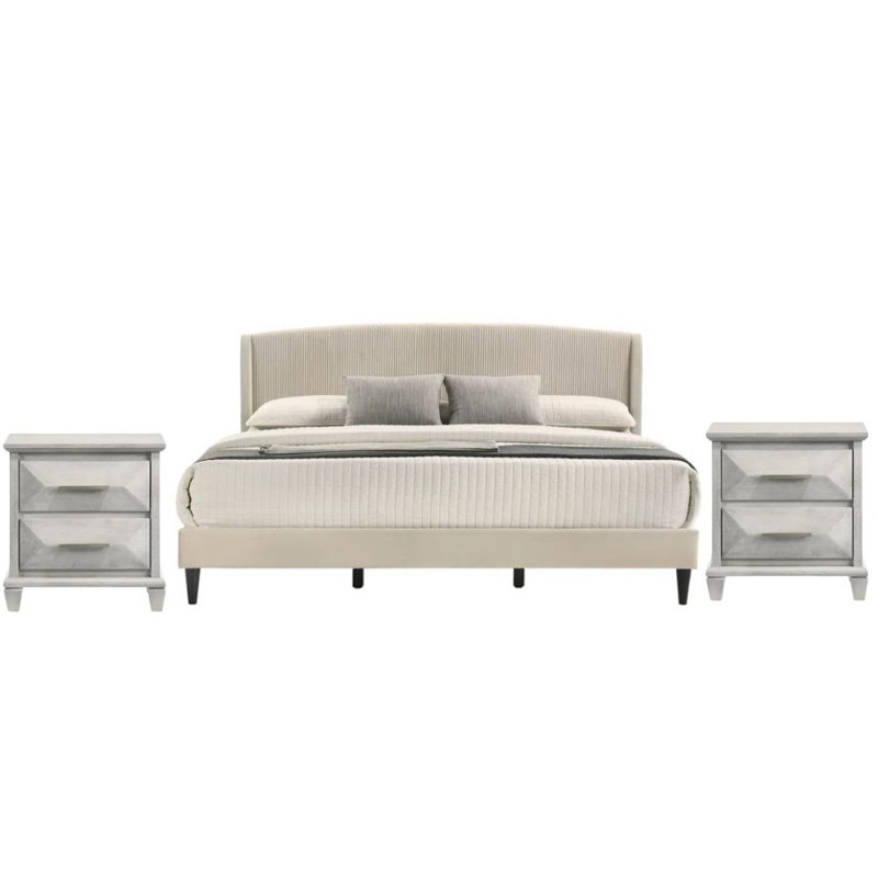 Clarence Contemporary Bedroom Set, Queen, 3 Pcs: Bed, 2 Nightstands