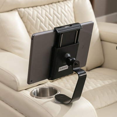 White 270 Degree Swiveling Leather Power Recliner Chair with USB Port, Removable Tray Table, and Side Storage for Living Room Home Theater