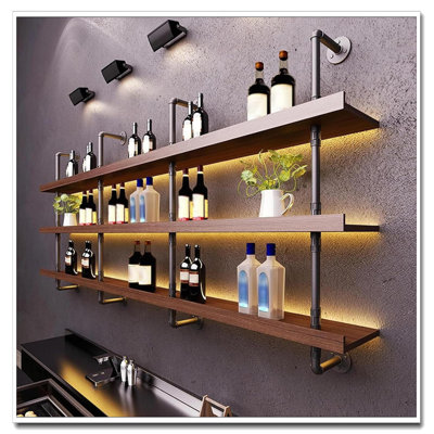 3 Tier LED Light Solid Wood Wall Mounted Wine Rack Large Floating Shelf For Home Bar Dining Room 31.4In