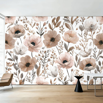 Papier peint pelez et collez, fleurs, crème, abstrait, beige, fleurs, anémone botanique, fleurs, murales, papier peint amovible en PVC, H 100 po x l 144 po, auto-adhésif pour chambre à coucher, bureau à domicile